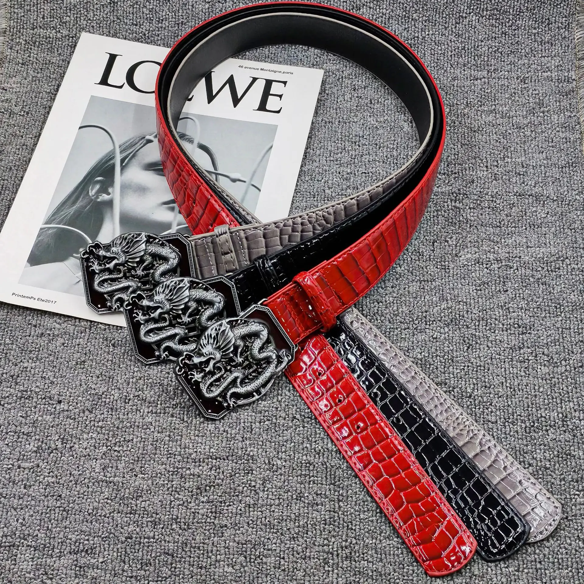Dragon Embossed Plate Buckle Belt Unisex, Crocodile Texture Hip Hop Waist Belt, Red Black Gray Y2K Subculture Leather Belt For Street Outfits