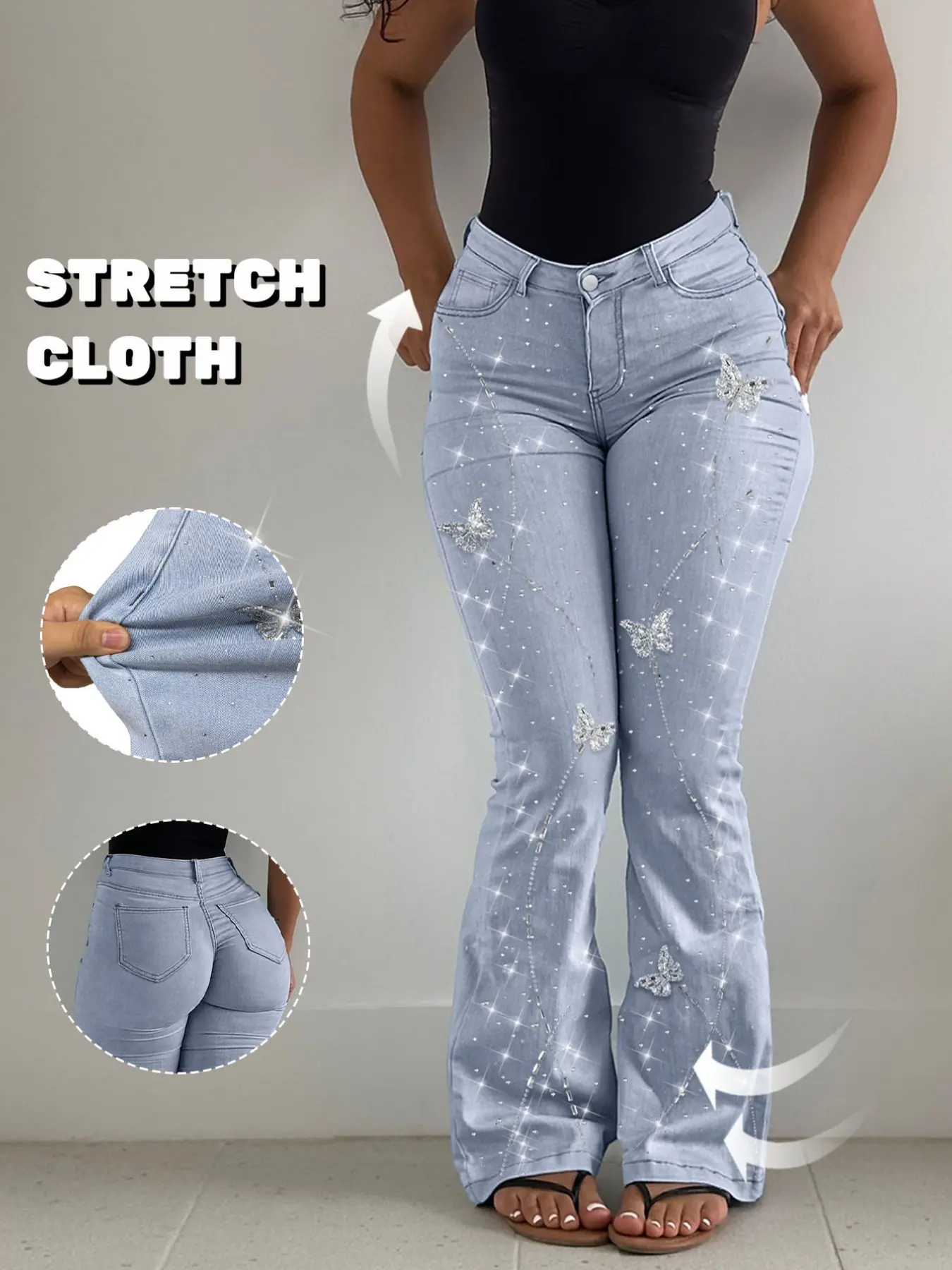 GILIPUR Women's High Waist Flare Denim Jeans Butterfly Rhinestone Detail Stretch Slim Fit Breathable Skin‑Friendly Club Night Out Street Style TChic