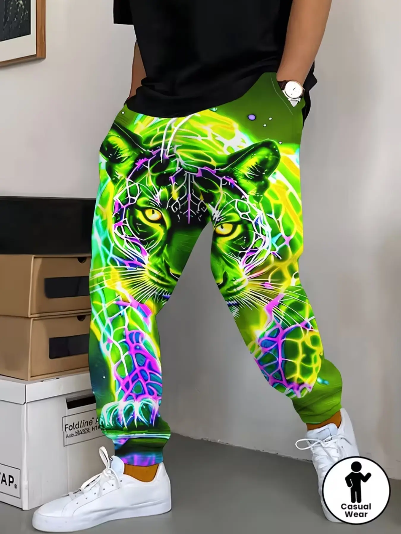 Neon Leopard Print Men's Fashion Sweatpants, Glittering Design, Drawstring & Pockets, Casual Long Pants, Comfortable Stretch Polyester