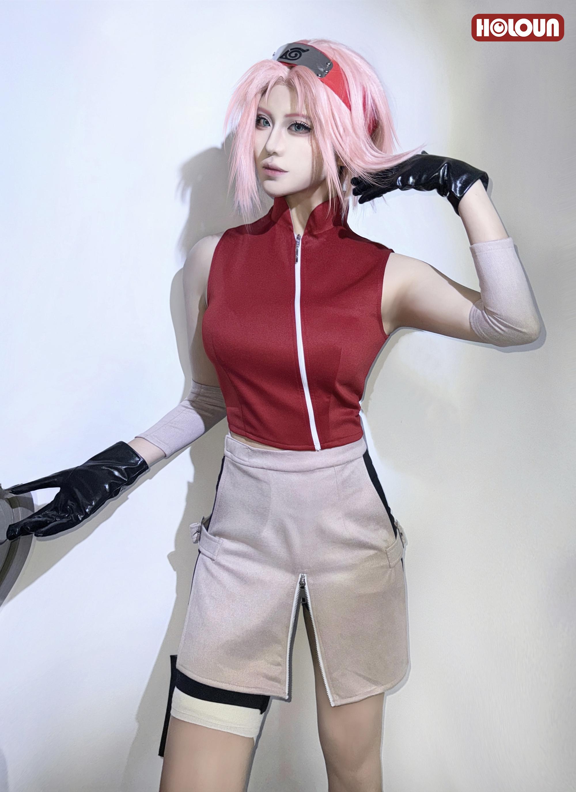 HOLOUN Anime Haruno Sakura Cosplay Costume Top Skirt Shorts Pouch Halloween Thanksgiving Day Christmas Gift