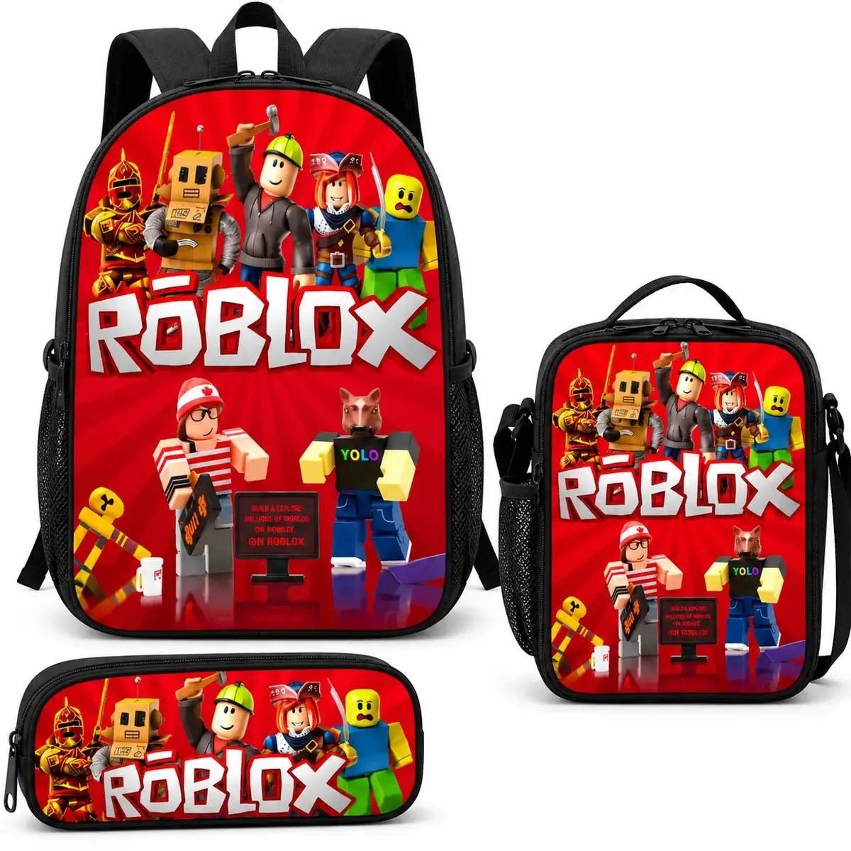 Back to school, game-style character kids backpack, 3-piece school bag set with lunch bag and pencil case, red gaming bookbag for boys, back to school