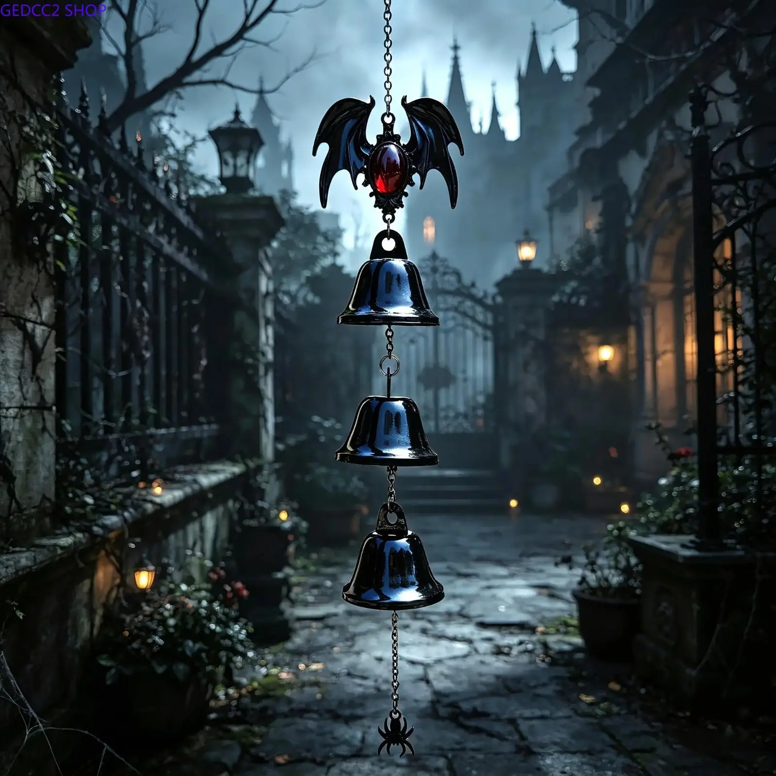Gothic Bat Wind Chime - Black Metal Halloween Hanging Decor with Spider Accent, Witchy Stuff for Outdoor Porch Garden Camping Hammock Area Decoration