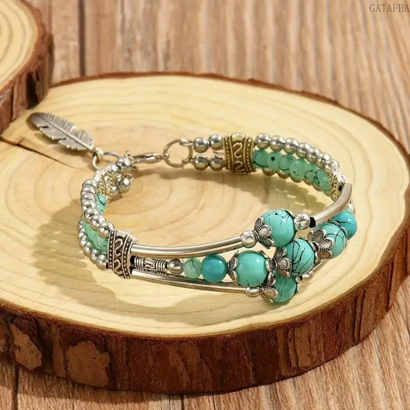 Women's Boho 2-Row Turquoise Beaded Bracelet with Antique Carved Feather Mosaic, Retro Stackable Hippie Jewelry, Hippie Stuff Accessories for Sports & Outdoor Use