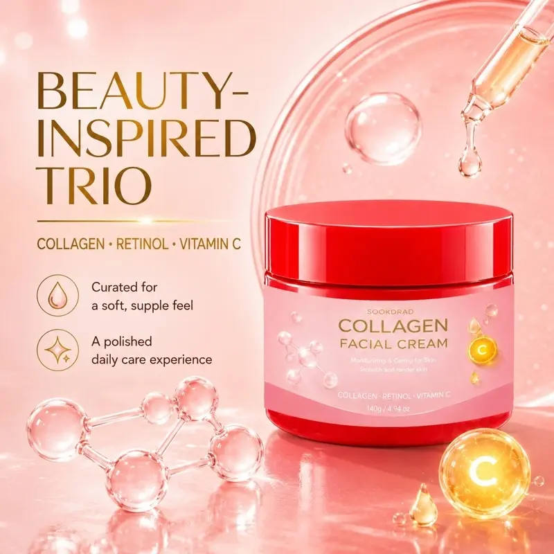 Collagen Facial Cream, Vitamin C Retinol Blend, Moisturizing Formula, Smooth Tender Facial Skin, All Skin Types, Daily Skincare, 140g