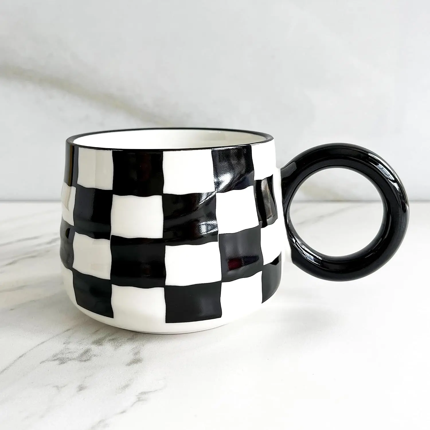 12 oz Sturdy Classic Pottery Ceramic Coffee Mug with Handle, Checkerboard Design - Office Drink Cup, Ideal Gift for Adults (Compatible with Coffee, Cappuccino, Cocoa)