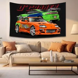 1pc JDM Car Polyester Flag - Vibrant Orange Sports Car Design with "JDM" Text, Durable Indoor/Outdoor Decoration for Home, Garage, Parties & Holidays, Car Decorations, Party Backdrop, Highquality Print 91.44x152.4cm Y2K Indie Room Dec
