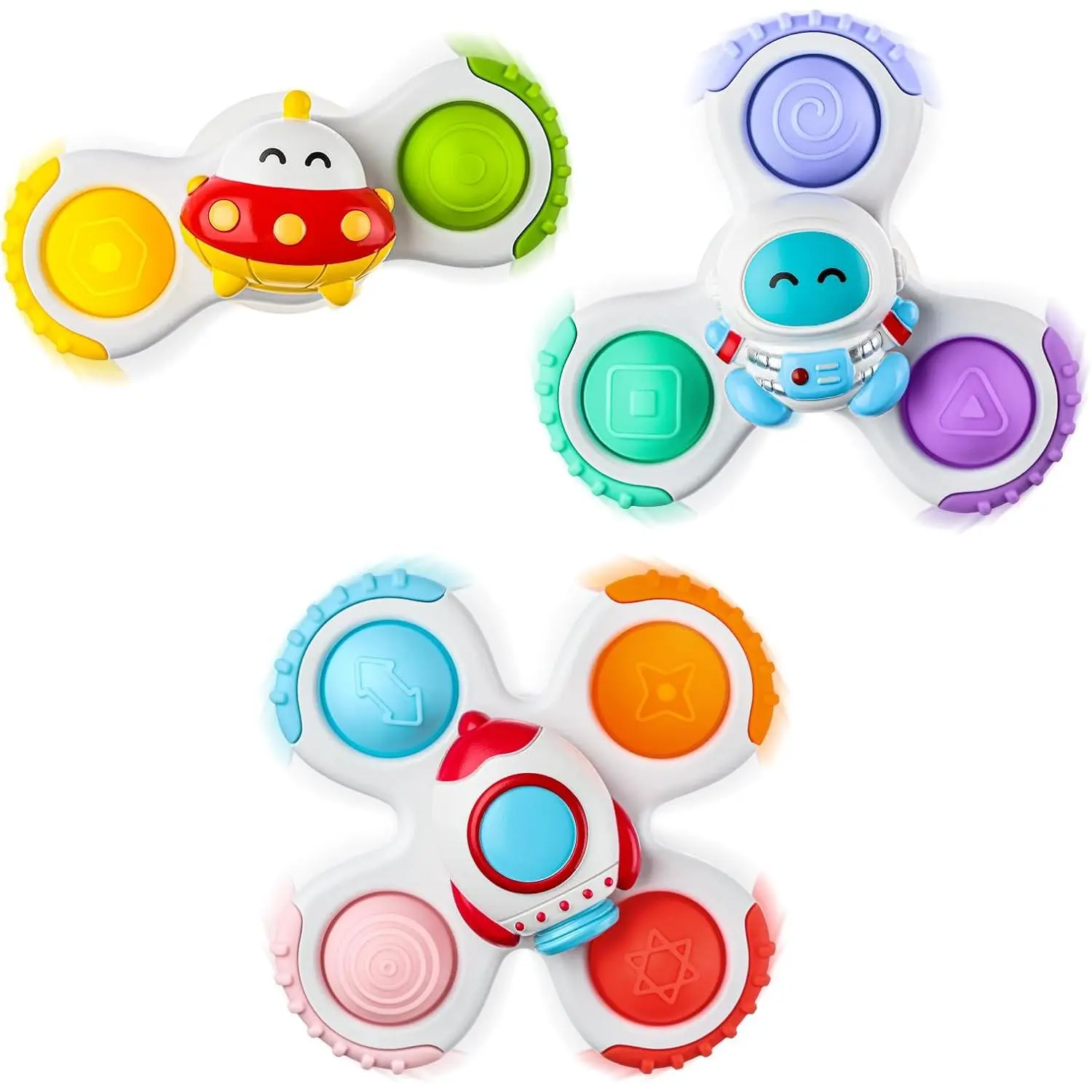 3-Piece Sensory Pop Spinning Tops with Suction Cups, Novelty Airplane Fidget Toys for Unisex Toddlers Ages 1-3, Bath & Travel Toy for Children Development, 1-3 Years