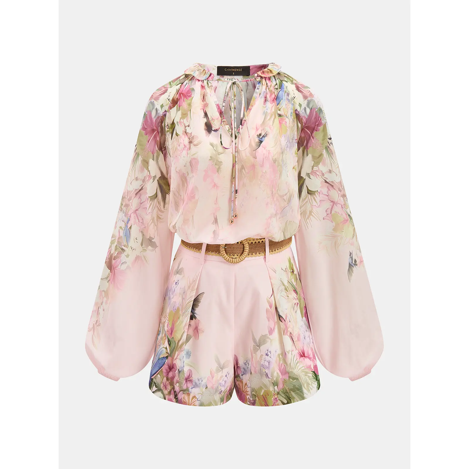 Floral Print Blouse & Belted Shorts Set