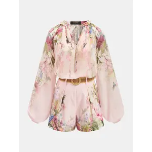 Floral Print Blouse & Belted Shorts Set