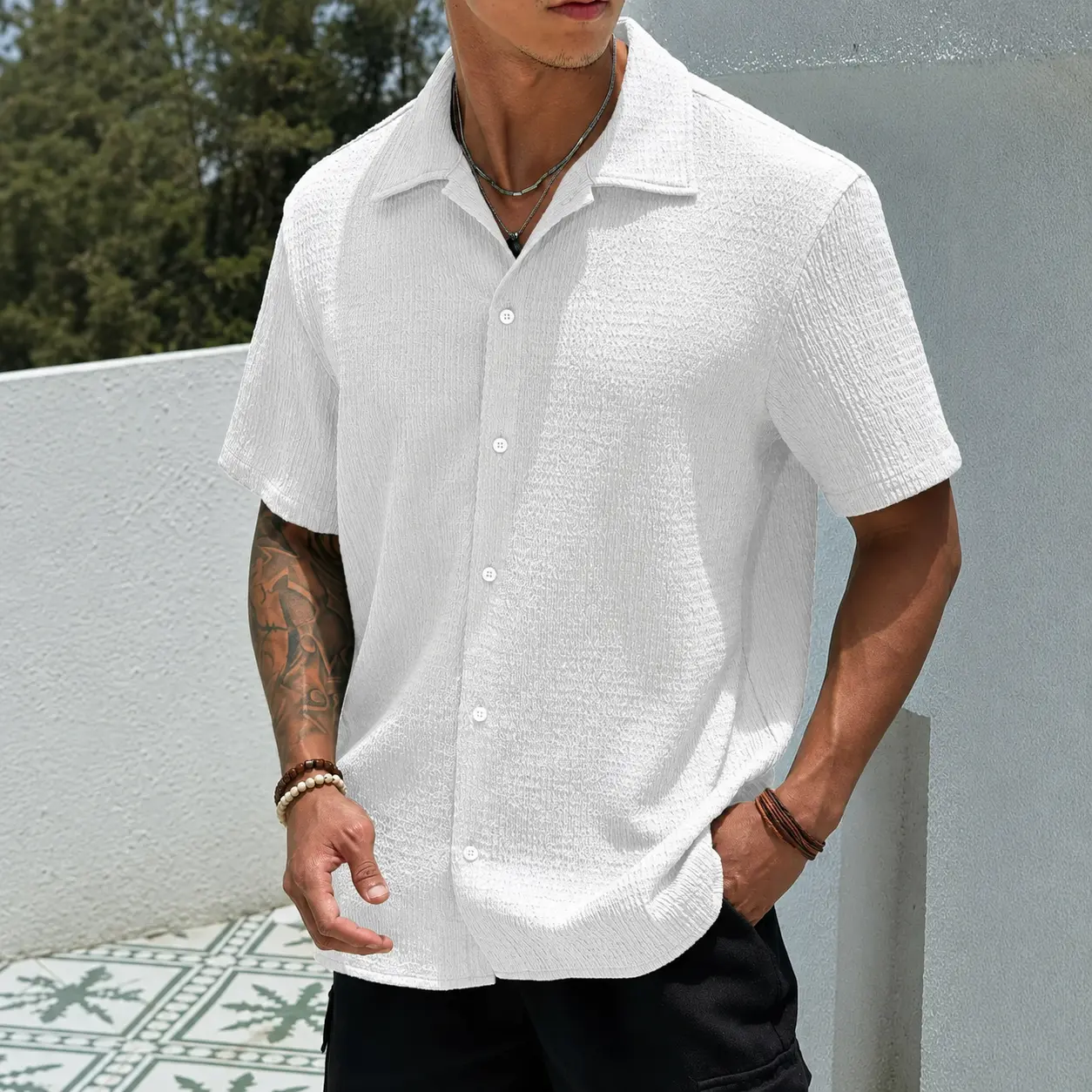 Men’s Casual White Textured Button Down Shirt, Short Sleeve Camp Collar Summer Top, Regular Fit Vacation Beach Shirt for Daily Wear Menswear