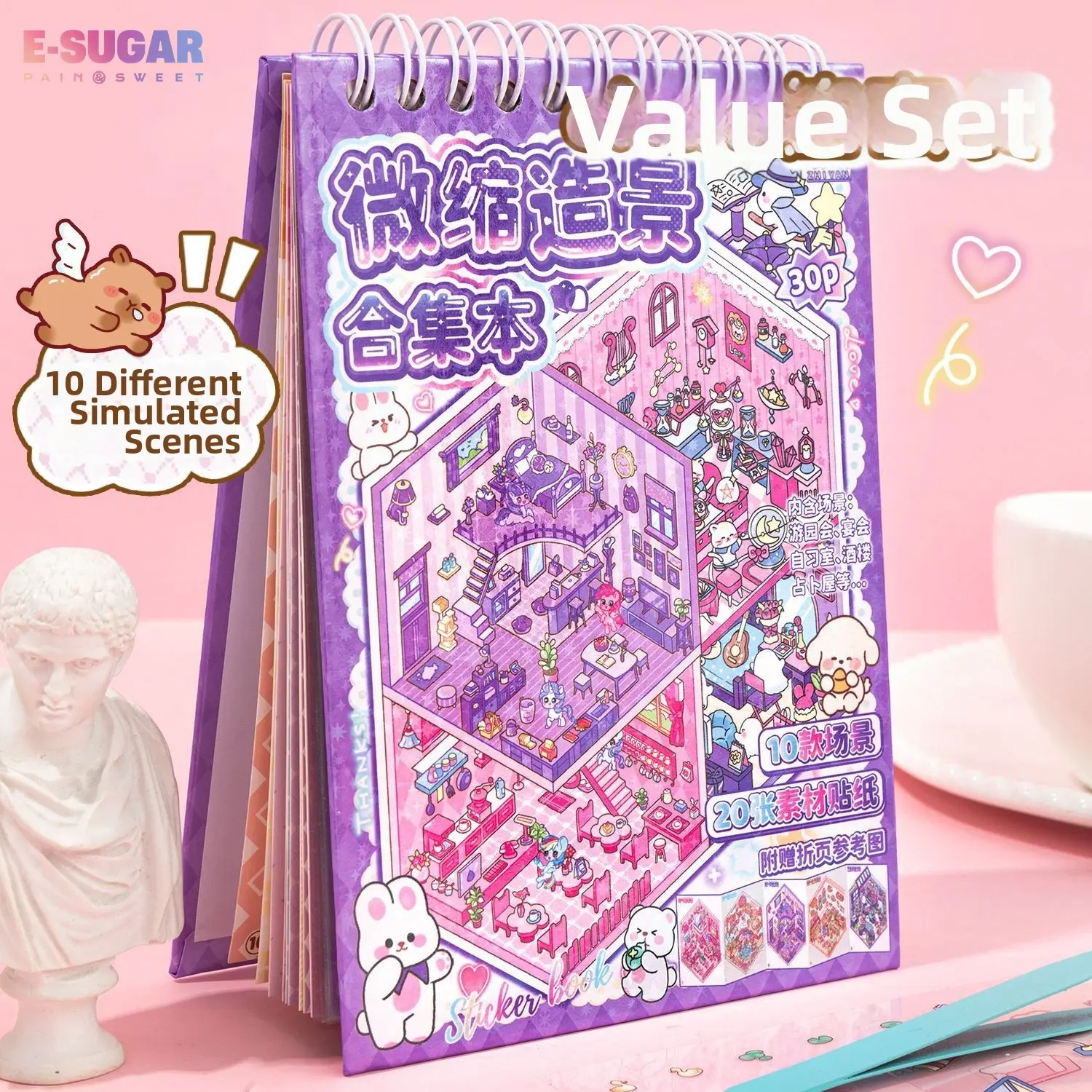3D Miniature Scene Sticker Book – E-SUGAR Tiny Scene Builder DIY Craft Kit with 10 Scenes, 20 PET Sticker Sheets for Scrapbooking & Model Building