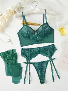 Christmas Women's Sexy Strappy Lingerie Underwear Set with Style Steel Ring Thong Garter Belt Stockings, Lace Floral Embroidery, Perfect Gift