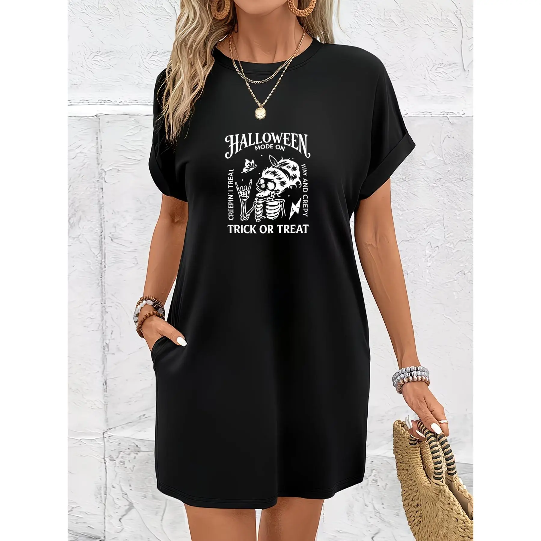 Women's Halloween Skeleton Motif Short Sleeve T-Shirt Dress - Round Neck, Relaxed Fit, Funny Slogan, Casual Wear, Fall Motherhood Spooky Season Everyday Outfit