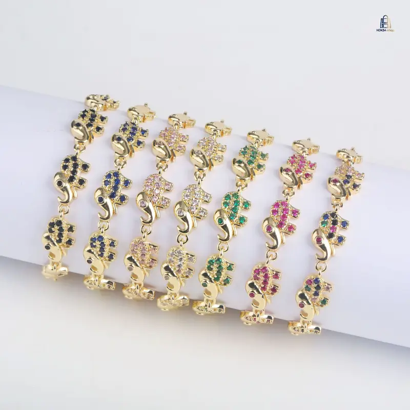 Women's Color Rhinestone Elephant Bracelet - Dainty Copper Gold-Plated Female Wrist Jewelry with Elephant Motif, Firm Stone Setting, Cute Animal Accessory for Daily Wear, Casual Gifts