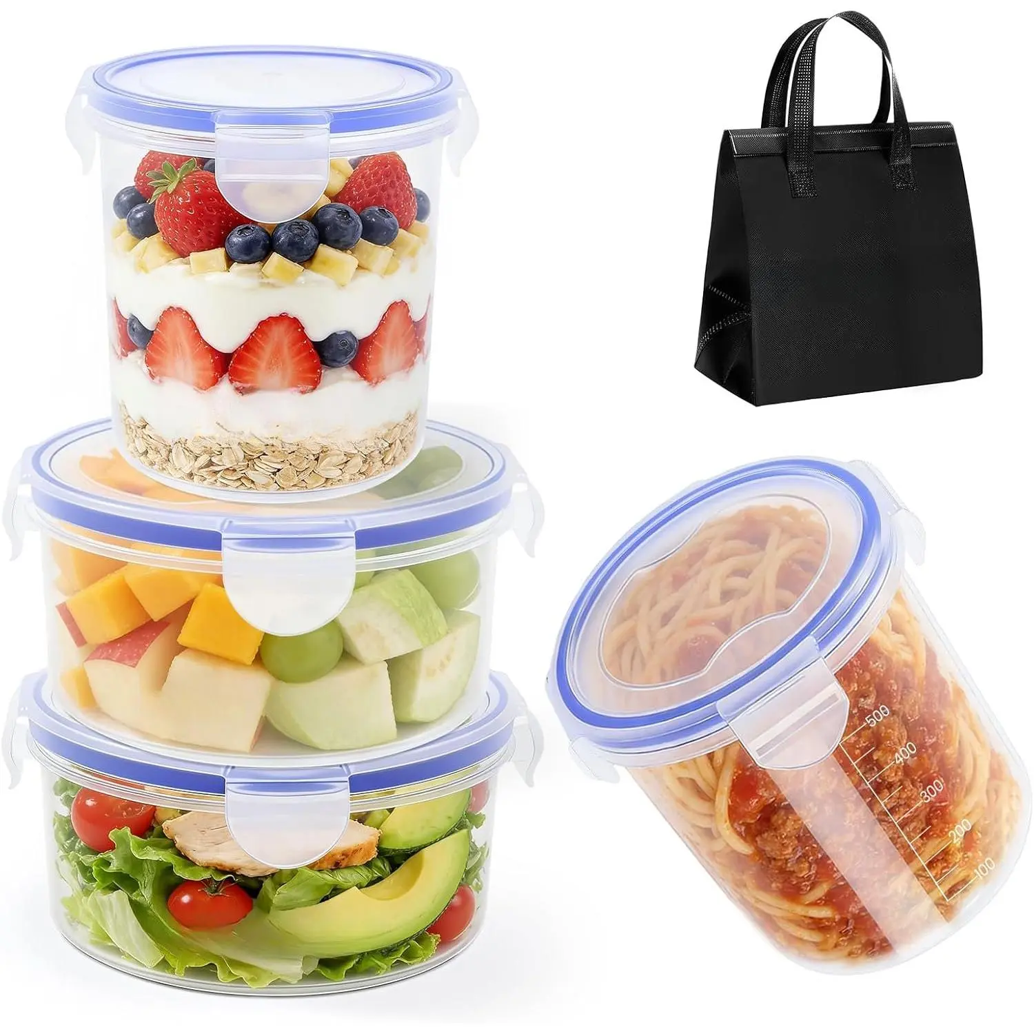Leakproof Plastic  Storage Containers | 22oz/23oz, 4 Pack | Snap  | Airtight Stackable Freezer Containers | Meal Prep Soup Oats |  Dishwasher Microwave Safe | Insulated Bag
