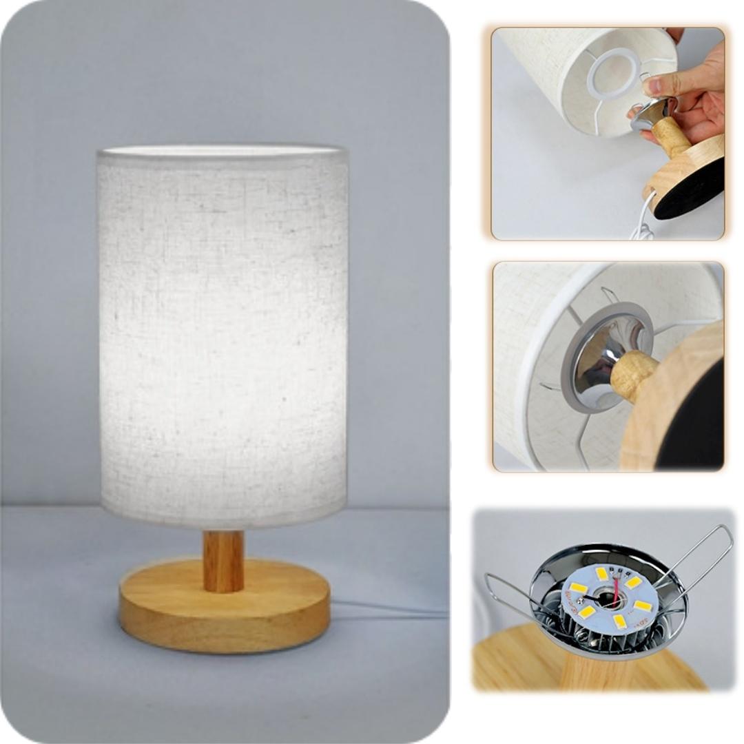 USB Bedroom Night Light, Linen Shade, Wooden Base, LED Lamp, Tabletop Installation, Ideal for Reading, Living Room, Office