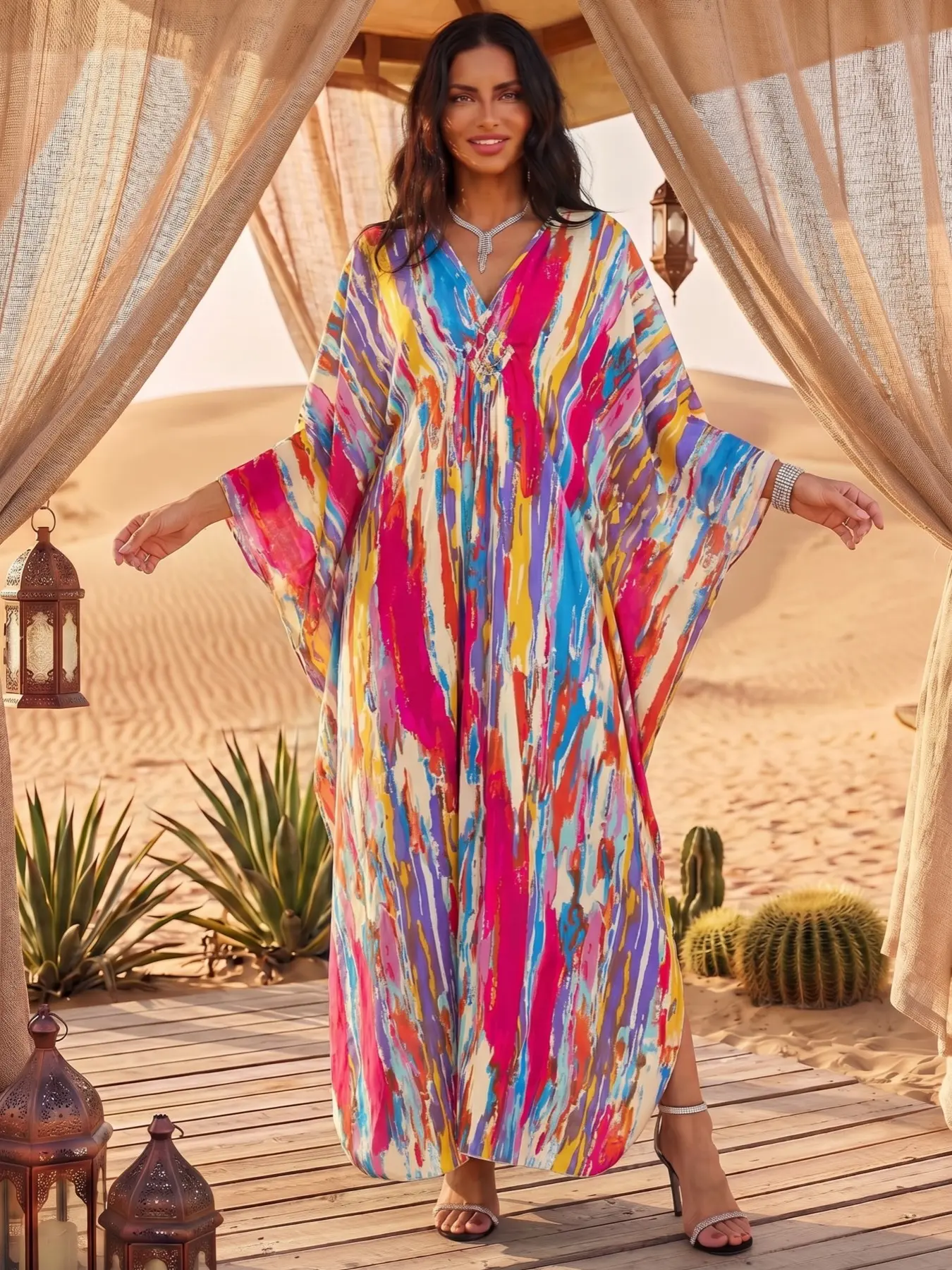 EDOLYNSA kaftan dresses for woman printing Moo Moo Dress Soft Maxi beach dress daily wear bathing suit cover up seaside robe flowy relaxed caftan lounge wear vacation Boho Casual Kaftan Outerwear Q1755