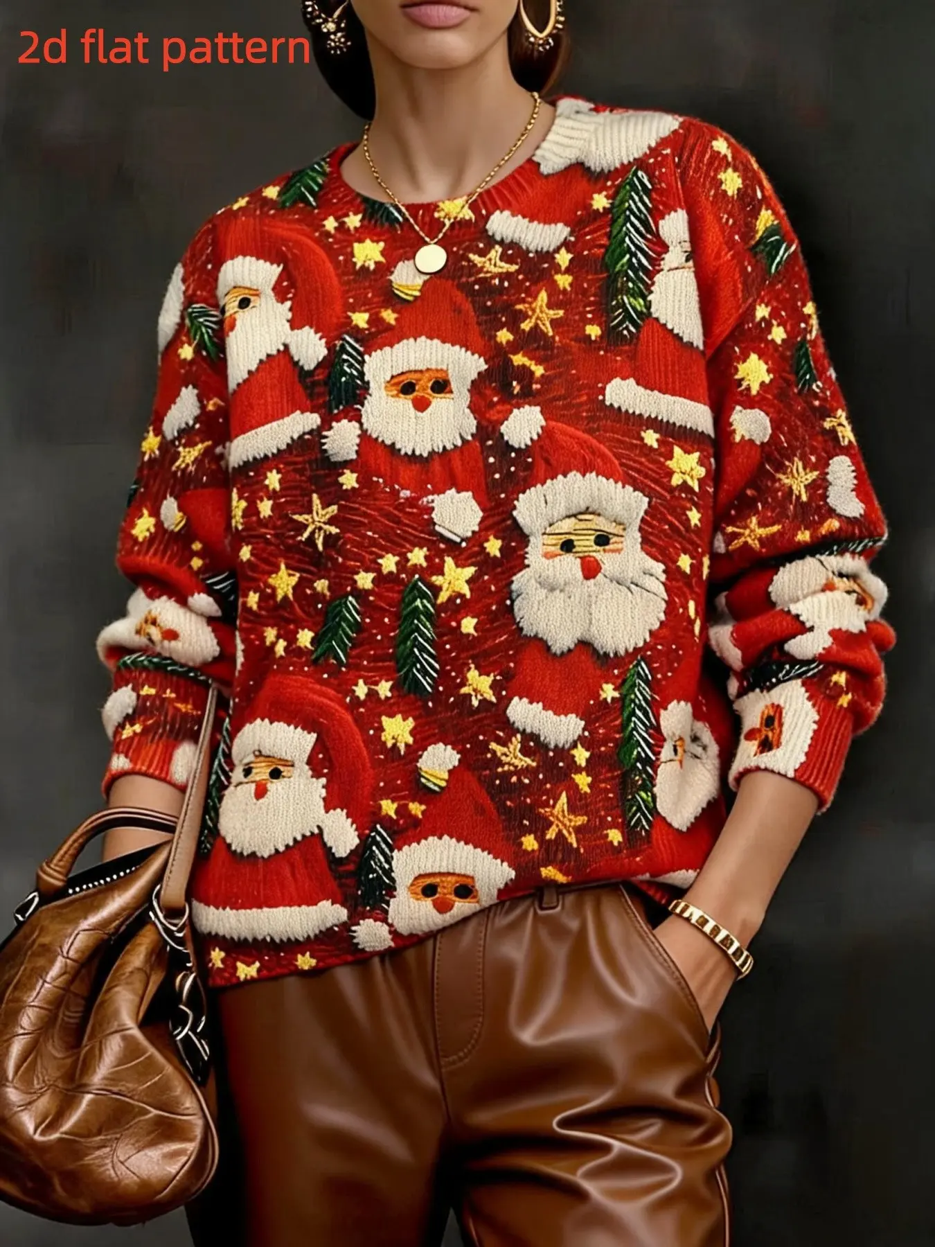 Women's Long Sleeve Knit Sweater, Christmas Santa Pattern, Elegant Slim-Fitting, Fall & Winter Fashion, All over Print, Round Neck