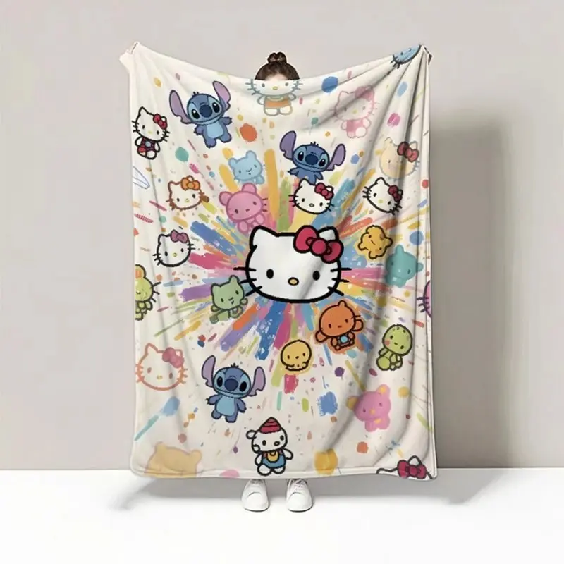 Hello Kitty Cartoon Explosion Colorful Flannel Blanket, Black & White Personalized Shawl, Air Conditioning Blanket, Dorm Lunch B