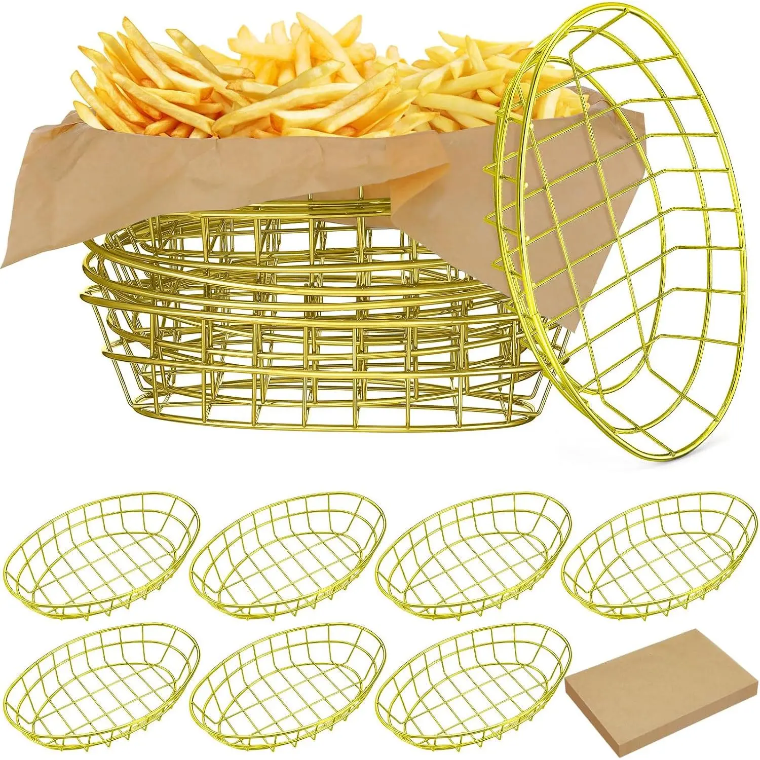 12 count Wire Bread Basket Bulk 9.5x6.2x2.2 Inch Oval Metal Dinner Roll Baskets for table Serving Fruit Bowl with 50 Deli Wrapper Paper for Restaurant Kitchen