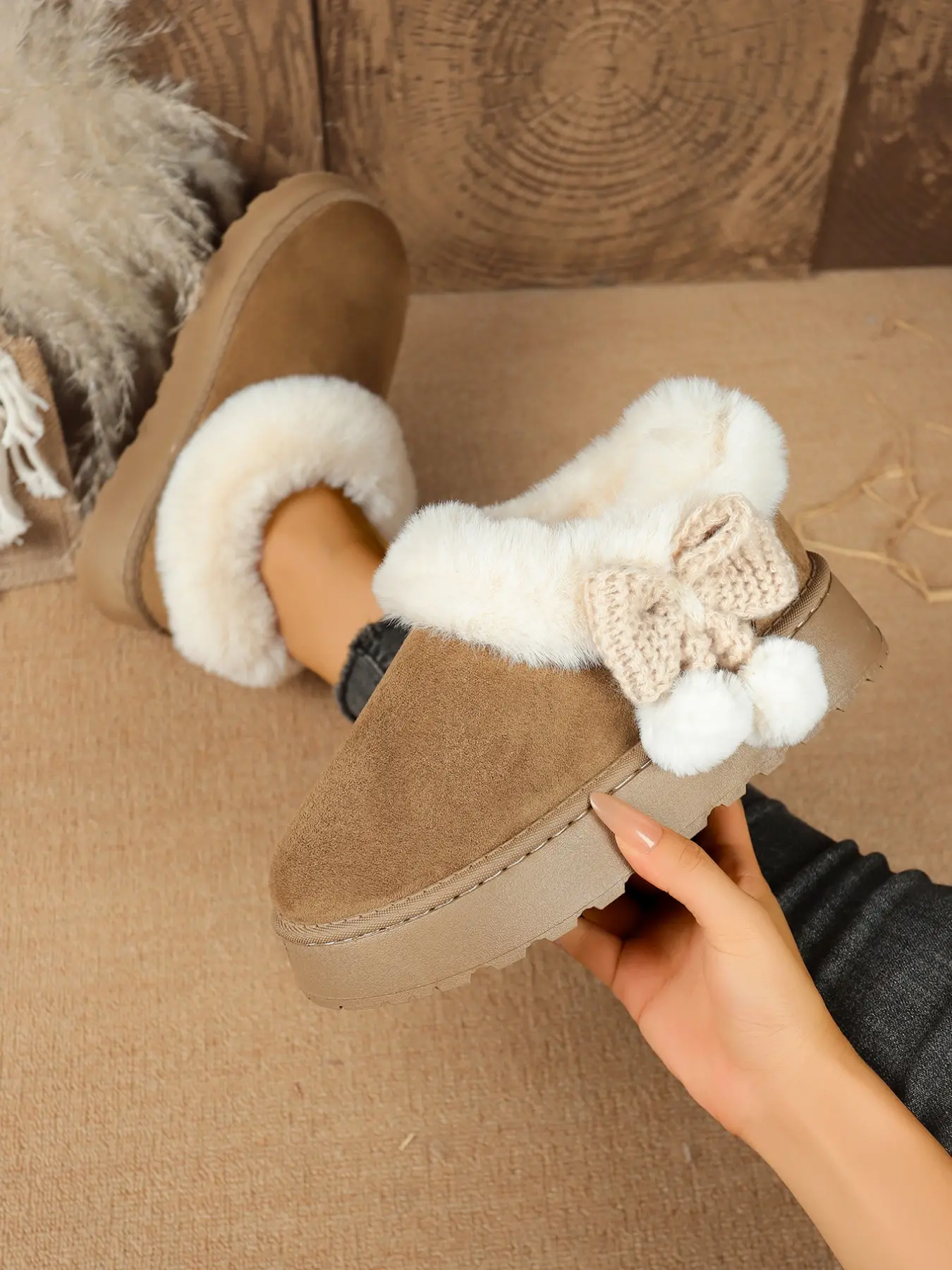 English: Women Fuzzy Fur Collar Platform Snow Boots Knit Bow Pom Pom Decor Slip On Warm Faux Suede Winter Ankle Boots