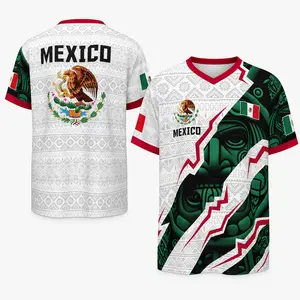 Mexico Inspired V Neck Jersey for Men Women, Eagle Aztec Graphic Print Shirt, Lightweight Breathable Polyester Jersey Fabric, Relaxed Fit Short Sleeve, White Green Red Sports Style Top for Vacation Streetwear Game Day Casual Outfit, S-5XL