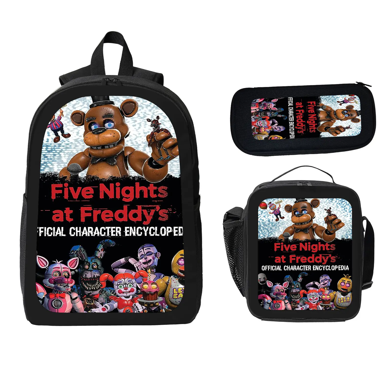 five nights at freddy's 3 Pcs School Backpack Set for Boys Girls Kids, Large Capacity Bookbag with Insulated Lunch Bag Pencil Case, Water Resistant Travel Daypack for Elementary Middle School f-25