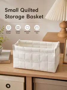 Small Quilted Vanity Storage Basket, Fabric Embroidered Cosmetic Organizer, Desktop Tray for Skincare, Perfume Bottles, Makeup Brushes
