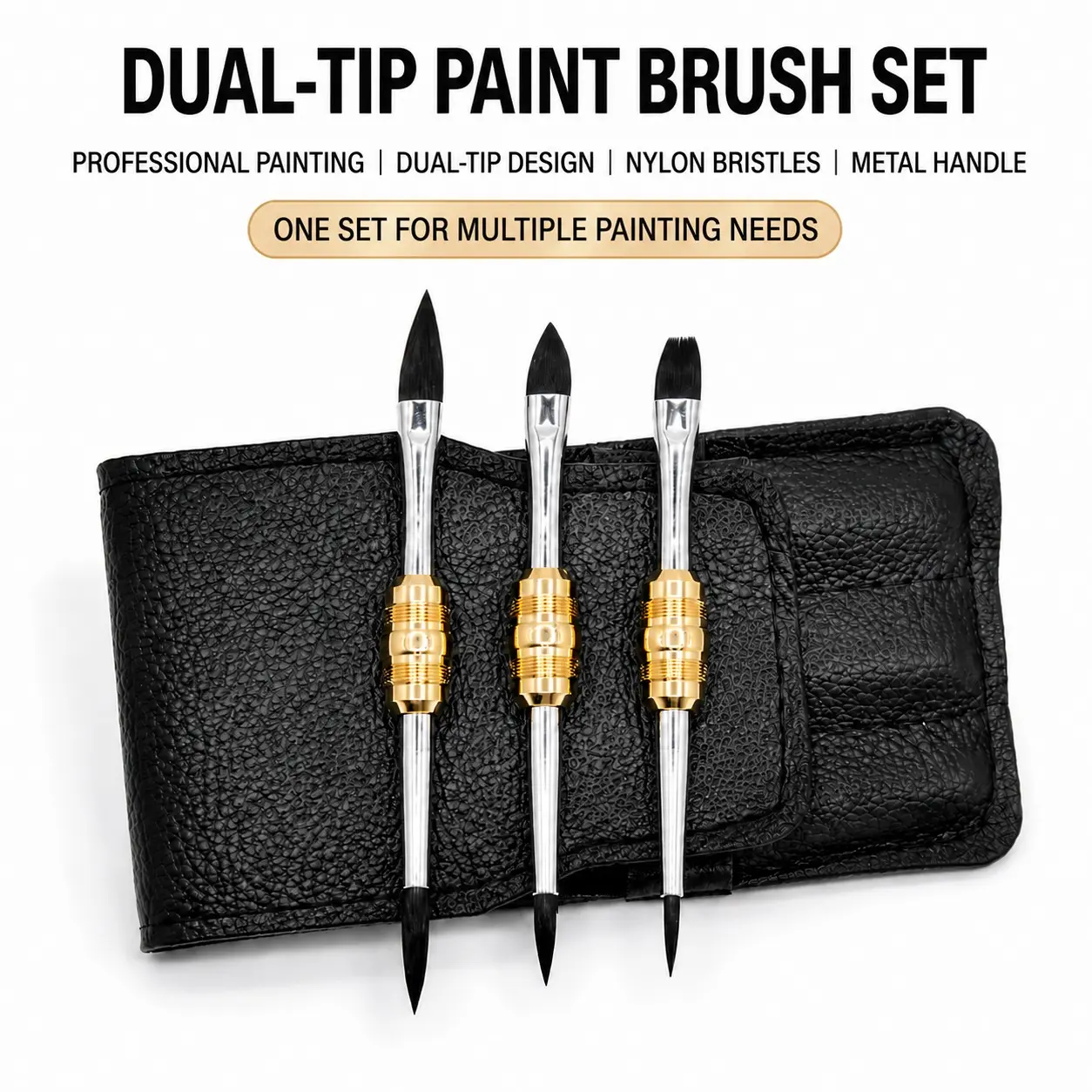 3-Pack Travel Brushes with Storage Bag, Squirrel Hair Mimic Dual-Ended, Silver Color Metal Handle, Watercolor Artist Brush Set