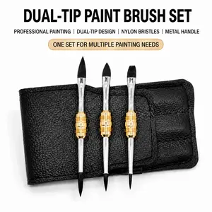 3-Pack Travel Brushes with Storage Bag, Squirrel Hair Mimic Dual-Ended, Silver Color Metal Handle, Watercolor Artist Brush Set