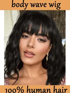 Beautiful Fashionable 100% Human Hair Wavy Wig, Shoulder-Length with Bangs, Suitable for Daily Wear and Role Play, Curly Hair Style