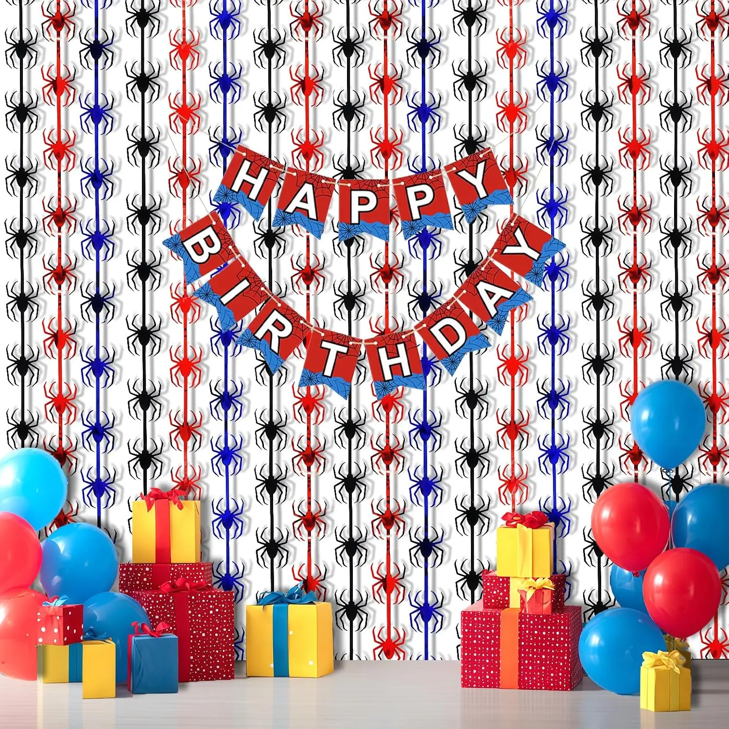 Spider Birthday Decorations, 1 Set Banner & 2 count Red Black Blue Spider Tinsel Foil Fringe Curtains Backdrops (3.3x6.6 ft), Large Birthday Photo Booth Props Indoor Party Boy Room Decor