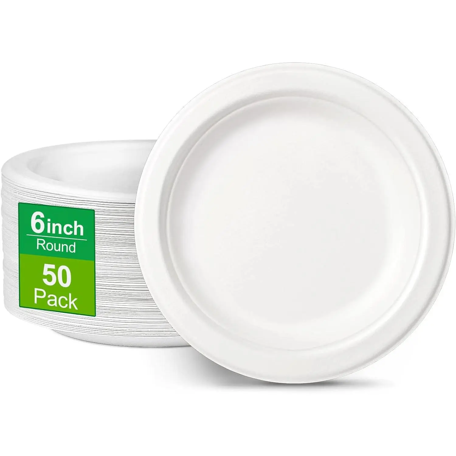 Paper Plates 6 inch, 50 Pack Small Plates,  Disposable Plates Made of Sugarcane Fibers,  Compostable Plates, Dessert Plates, White