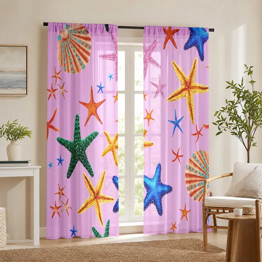 2-Pack Lavender Sequin Starfish Shell Curtains, Multicolor Sparkly Ocean Design, Perfect for Girls' Room, Baby Room, Beach House, Bathroom Decor