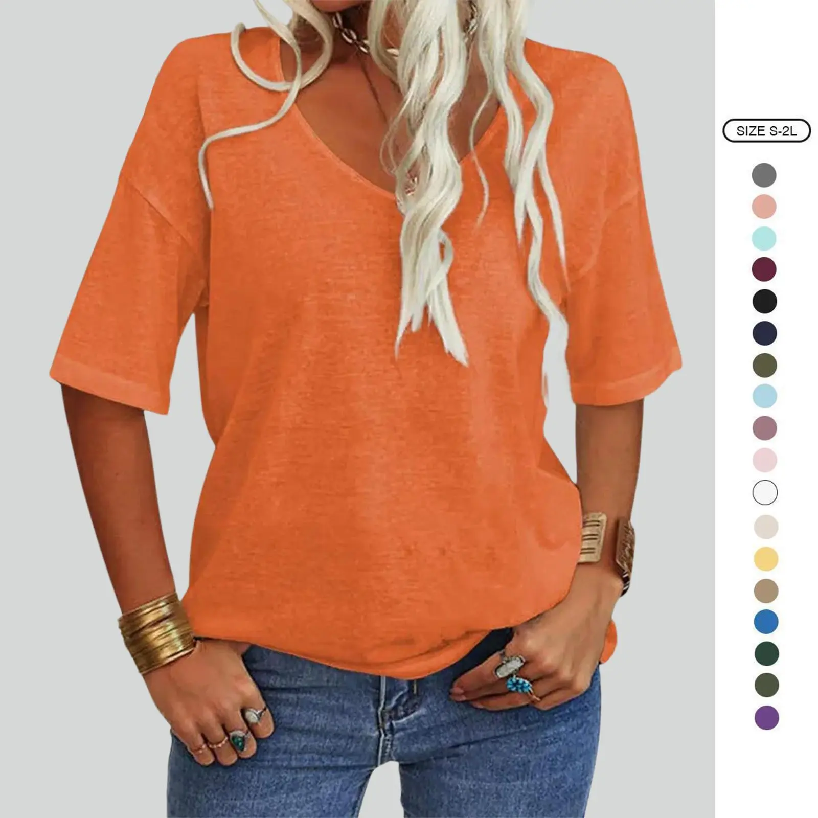 Imily Bela Womens Casual Half Sleeves T Shirt Drop Shoulder V-Neck Oversized Tees Summer Solid Loose Basic Tops