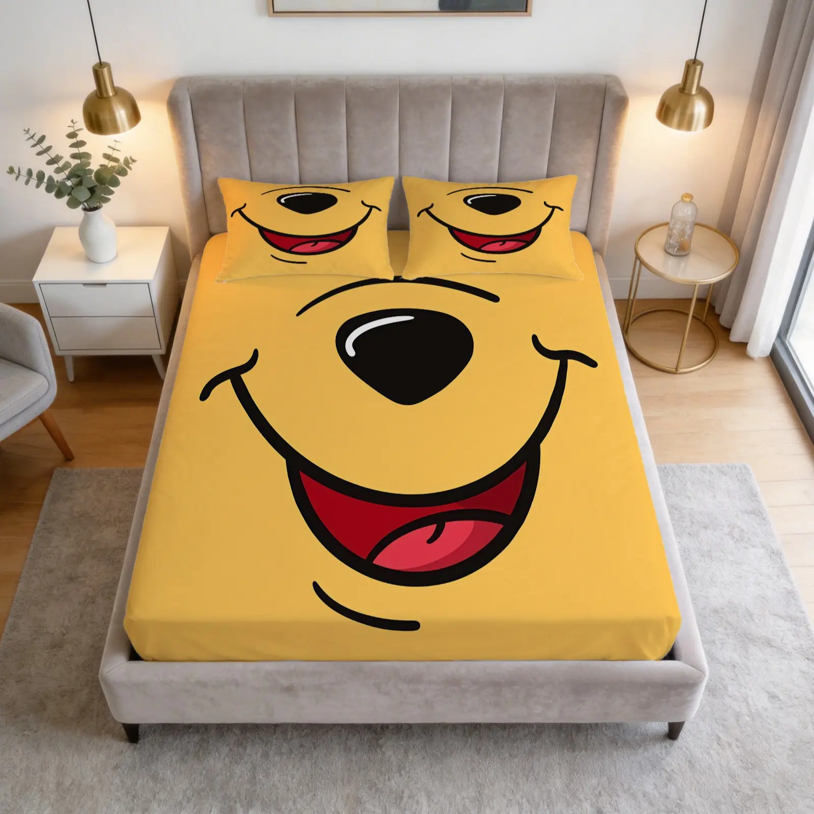 Cute Yellow Cartoon Teddy Bear Printed Pattern Bed Sheet Set, 1 Bed Sheet With 2 Pillowcases (Excluding Pillow Core), Suitable For Teenagers And Adults' Bedrooms, Dormitories And Guest Rooms, Suitable As a Gift