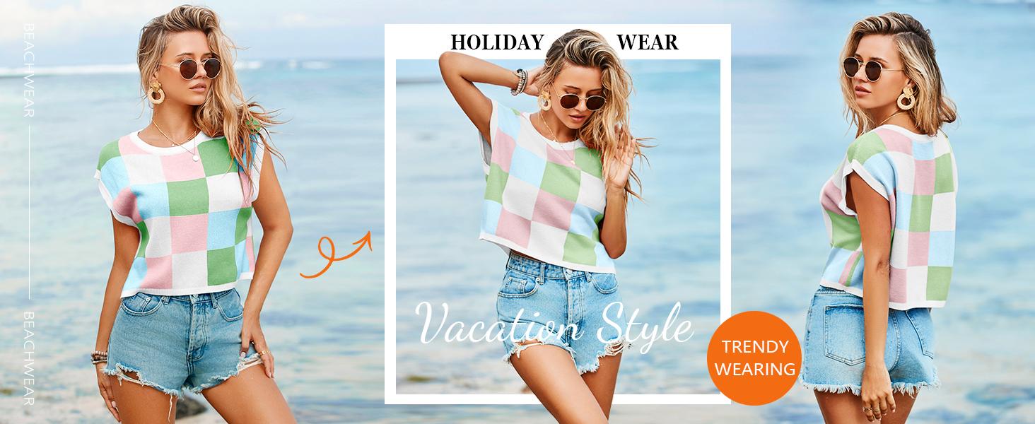 Saodimallsu Womens Cap Sleeve Crop Tops Summer Color Block Going Out Crew Neck Knit Trendy Casual Sweater