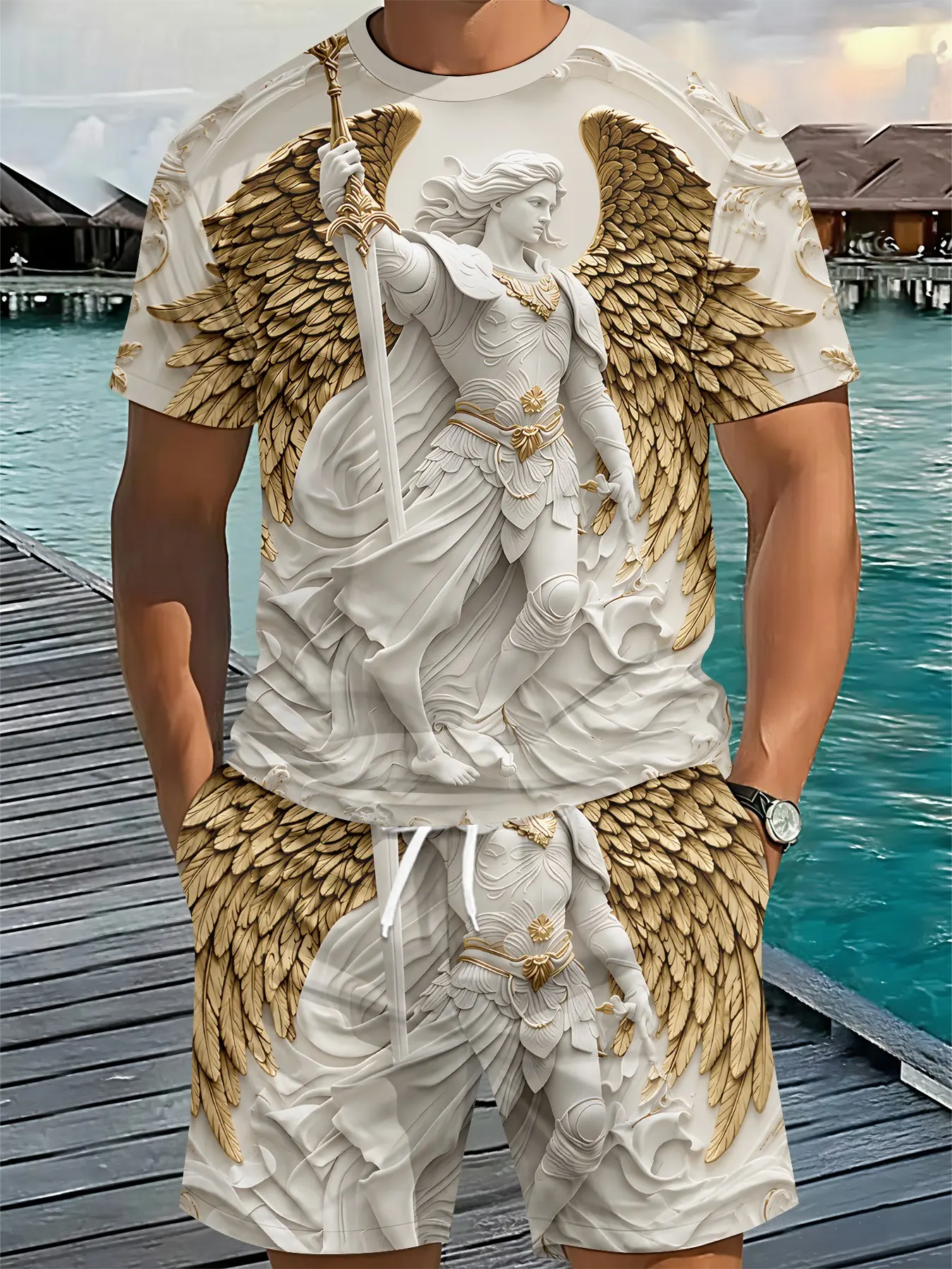 Men's 3D Digital Print 2-Piece Set with Gilded Embossed Angel Wings, 2Pcs, Trendy Stylish Fashion Outfit, Retro Casual Two-Piece Suit, Trendy Vacation Wear, Breathable Sports Casual Style, Ideal Holiday Gift for Men, Clothes
