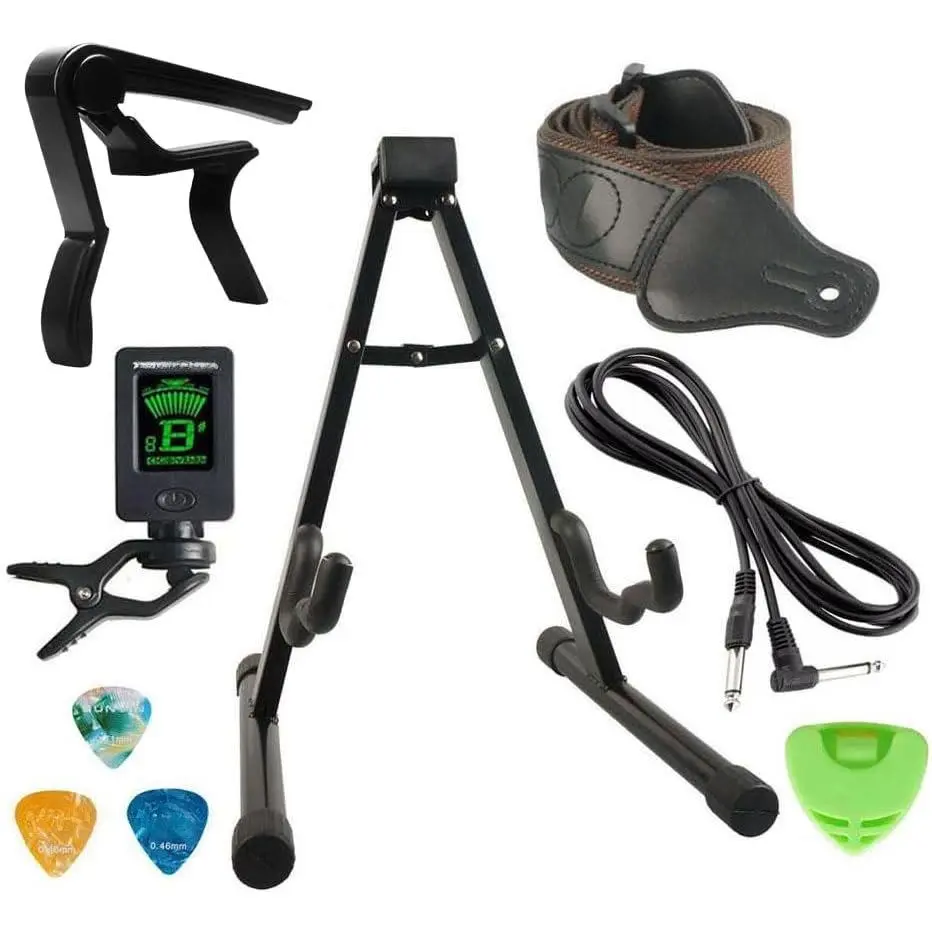 Guitar Stand Accesssories Kit Electric Acoustic A-Frame Guitar Stand 10- Guitar Cord Guitar Capo Guitar Starp Guitar Tuner 3 Guitar Picks Begineer Guitar Accessories
