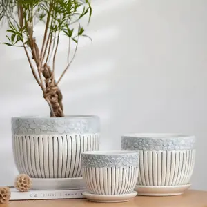 3 Piece Ceramic Flower Pot Set with Tray, Vintage Floral Relief Design, Indoor Outdoor Garden Pots, Home Decor Gardening Supplies