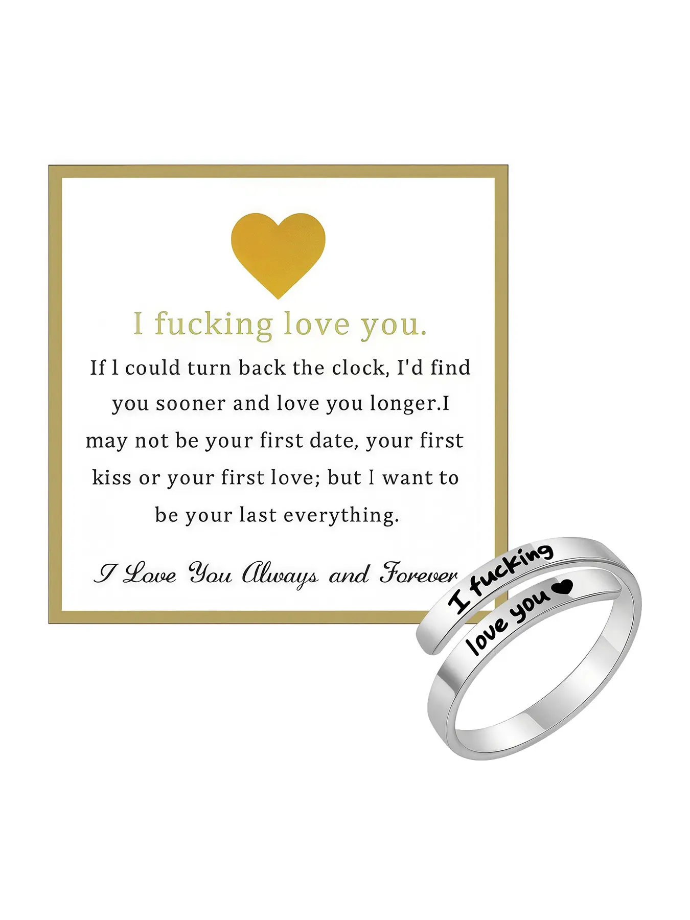 "I F*cking Love You" Ring – Women's Adjustable Stainless Steel Spiral-Wrap Vintage Promise Ring; Heart-Shaped Ring Engraved with "Hope"; Unisex Jewelry Gift; Back-to-School Gift