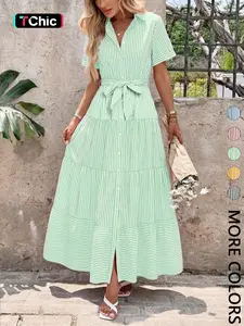 Women's Striped Short Sleeve Long Summer Dress, Elegant Fitted Casual Shirt Dress, Perfect for Daily Wear, Vacation, Beach, Outdoor Activities