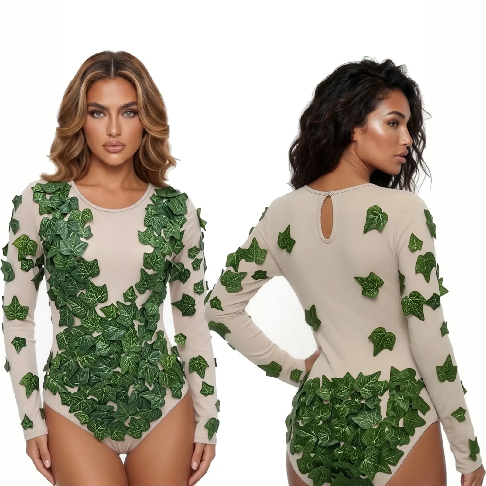 Womens Sheer Mesh Bodysuit Green Leaves Design Long Sleeve Leotards for Music Festival and Carnival Parties