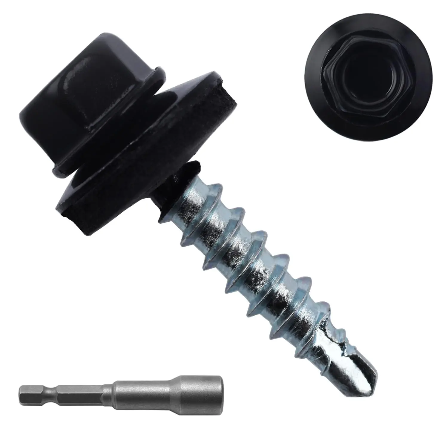 300pcs #10 x 1 Black Hex Head Self-Drilling Metal Roofing Screws, with EPDM Washer Colored Head, Suitable for Wood and Sheet Metal, Comes with Hex Driver Bit