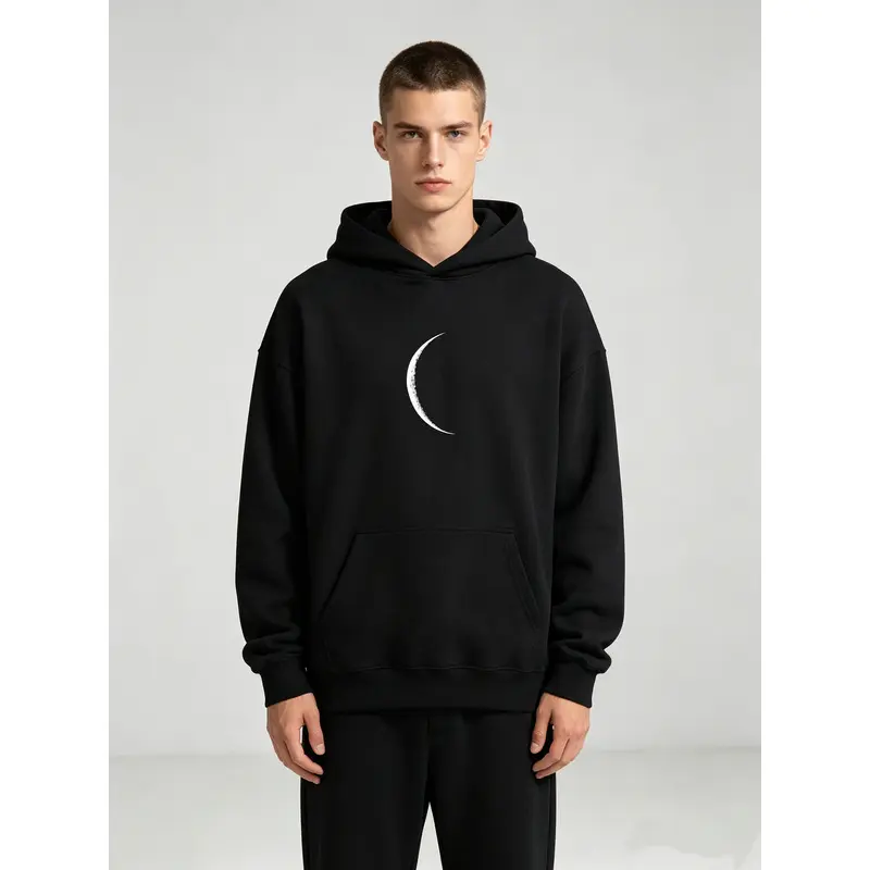 Unisex  Moon Print Drop Shoulder Drawstring Hoodie Casual Long Sleeve Kangaroo Pocket Hooded Sweatshirt For Fall Winter Daily Wear Women Clothes