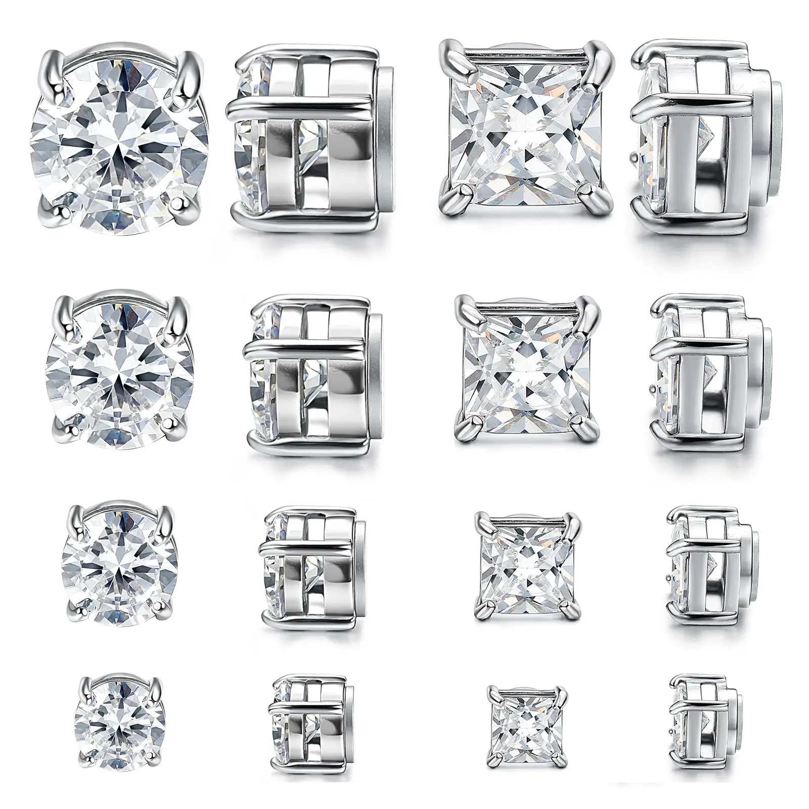 OIDEA 4 Pair Magnetic Cubic Zirconia Clip-On Stud Earrings, Stainless Steel Non-Pierced Set for Men and Women
