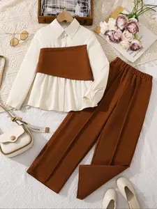 Girls' Colorblock Lapel Button Long Sleeve Top & Elastic Waist Pants Set, Fashionable Casual for Daily Wear