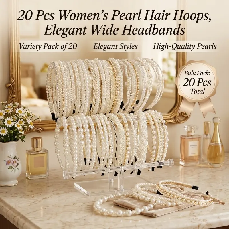 Elegant Knotted Pearl Headbands for Women, 20 Pcs Mixed Color Wide Fashion Hair Accessories for Party & Casual Wear, Unisex