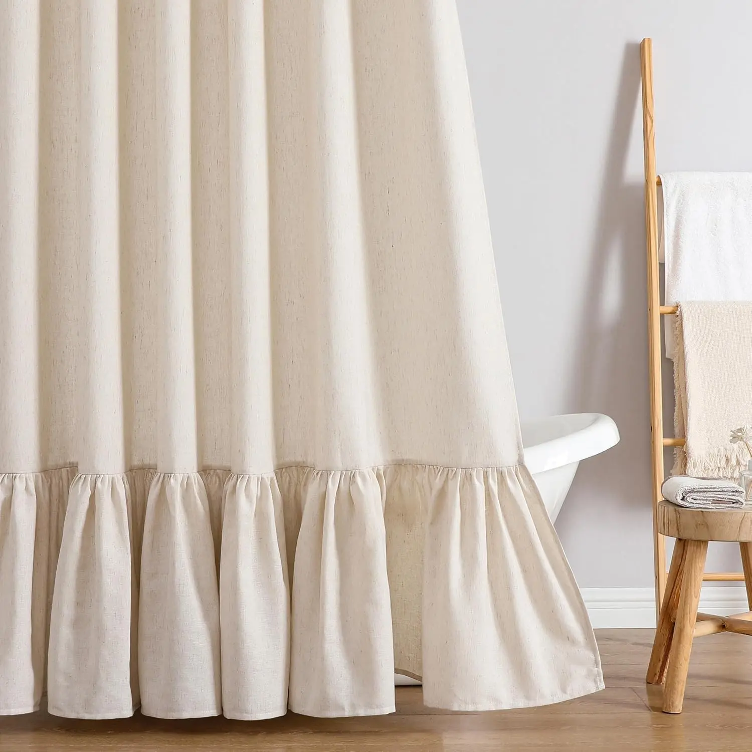 Boho Ruffle Shower Curtain, Linen Blend Fabric, Natural, 72 x 72 | Farmhouse Linen Shower Curtains for Bathroom, Ruffled Shower Curtain Set with Hooks, Country Rustic Fabric Bath Curtain