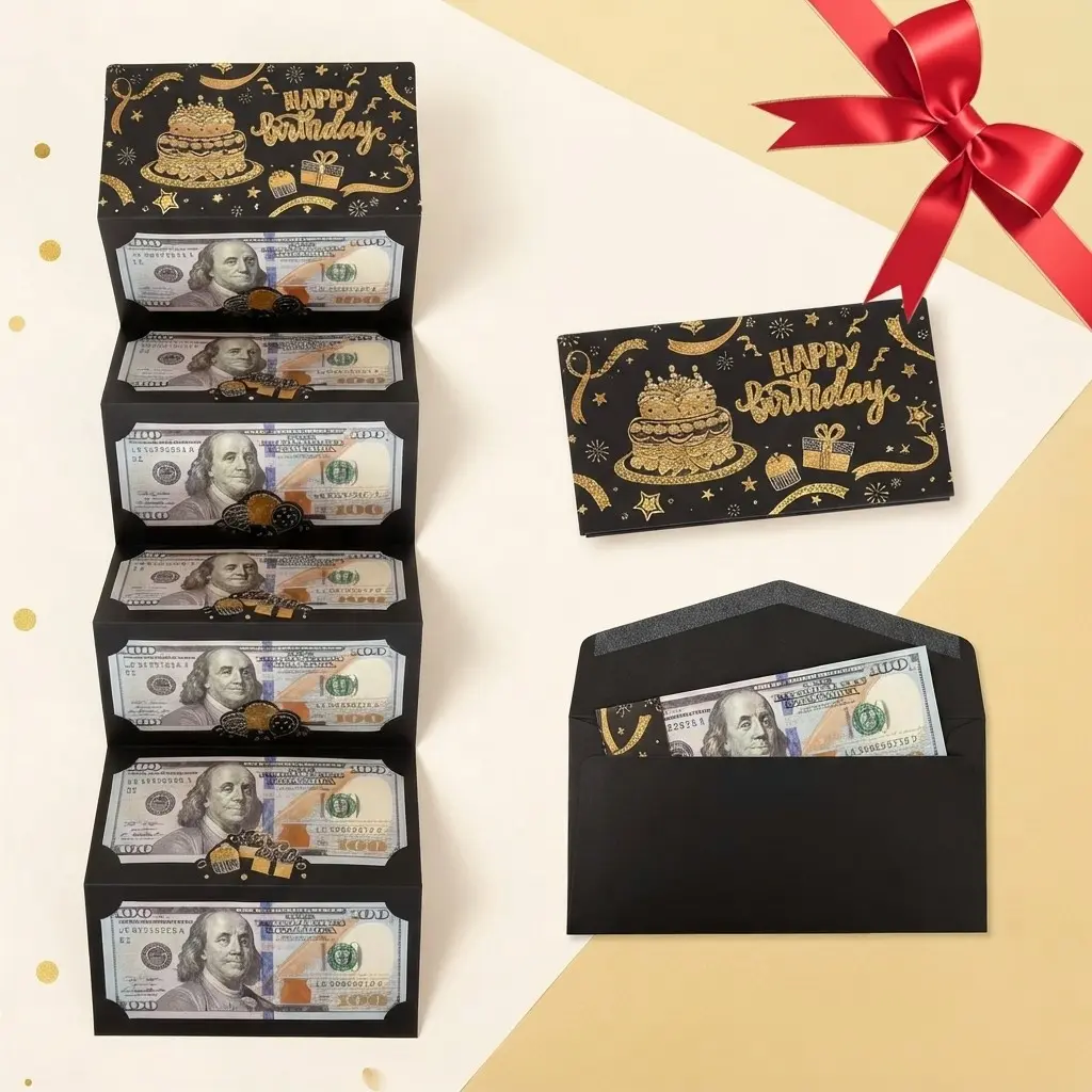 1pcs Surprise Birthday Cash Dollars Gift Envelope Elegant Black and Gold Design with 6 Slots Perfect for Men and Women Festive Money Wallet Unique Theme Keepsake for Any Birthday Celebration Exciting Surprise Gift